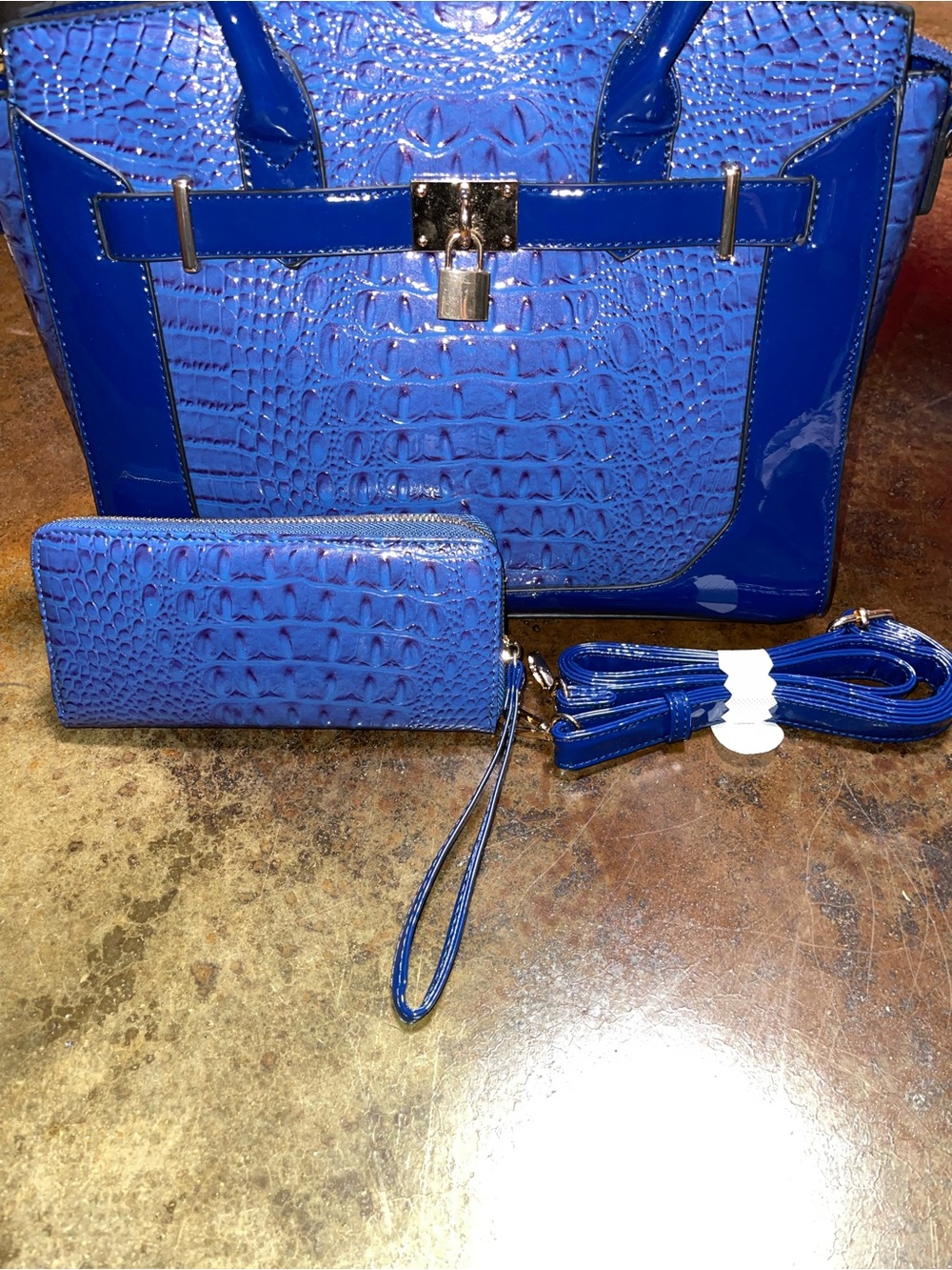 Blue Crocodile-Embossed Patent Tote Bag with Lock Accent - Picture 7 of 12